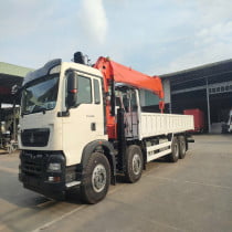 Xe HOWO 4 chân gắn cẩu Kanglim KS5206 – tải hàng khoảng 8,2 tấn, thùng dài 8,2 mét, giải pháp vận chuyển và nâng hạ chuyên dụng cho công trình và doanh nghiệp.