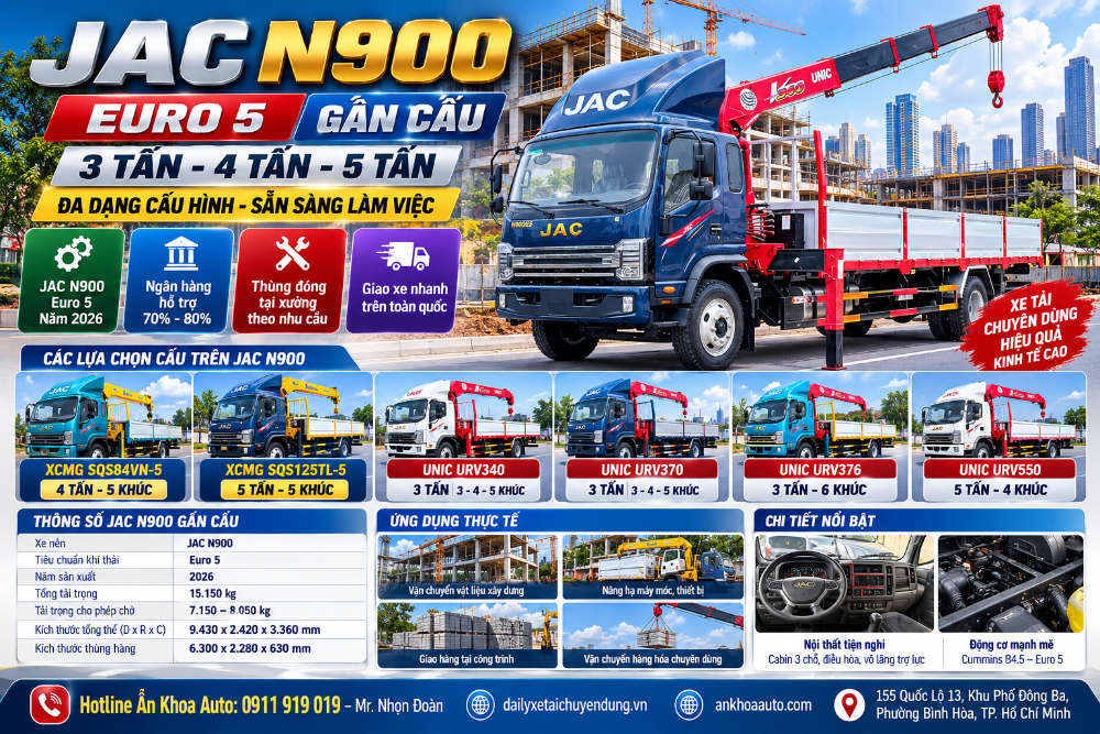 JAC N900 gắn cẩu 3 tấn – 4 tấn – 5 tấn